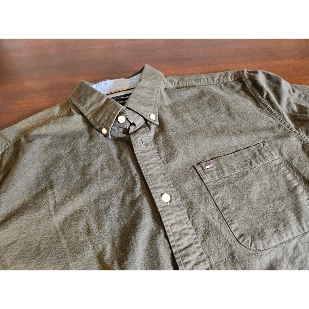 Tommy Hilfiger Button Down Shirt Mens XL Olive Green Regular Fit Stretch Pocket